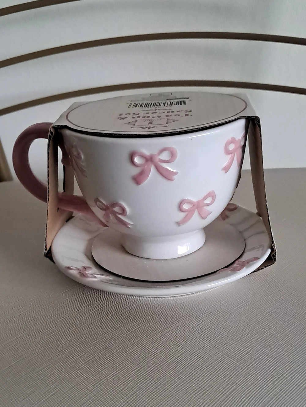 Crescent Pink Bow White Teacup and Saucer Set